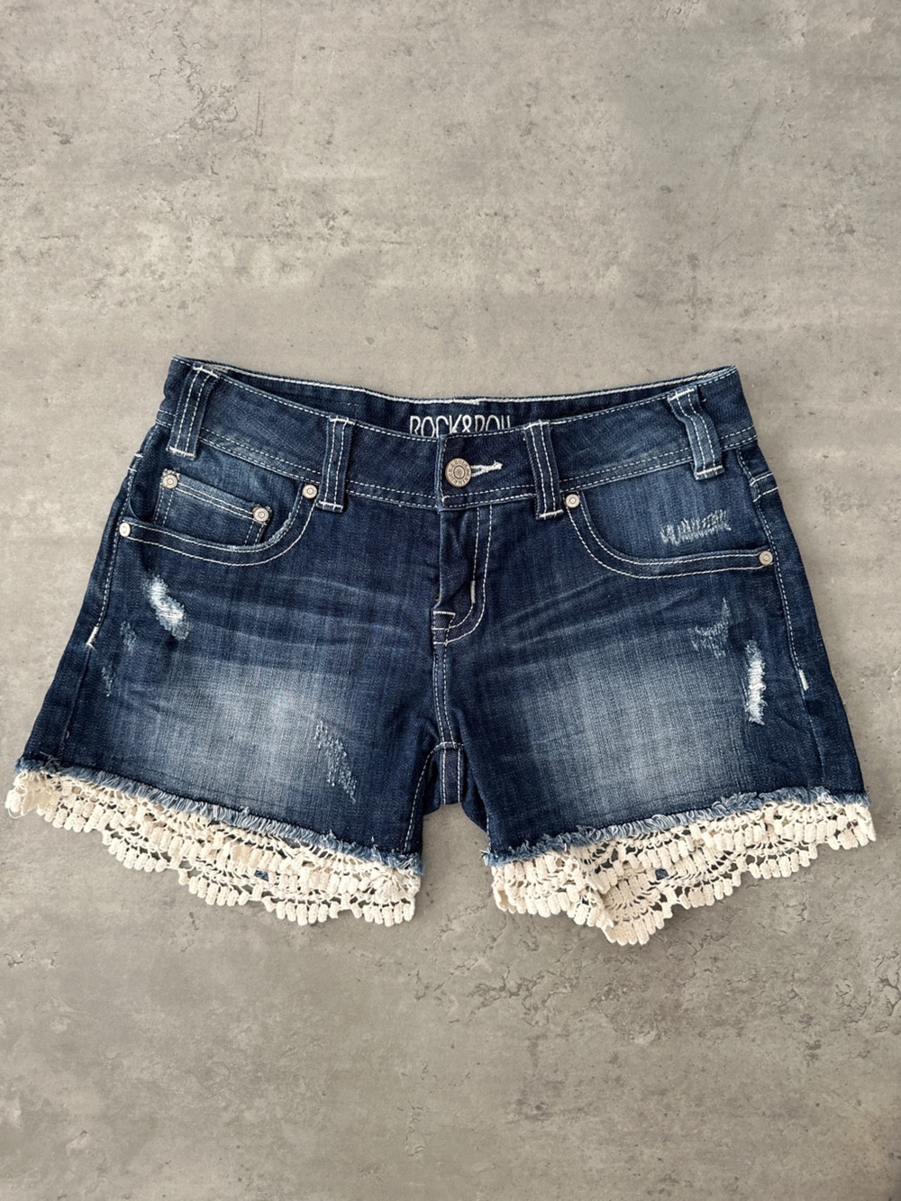 Rock & Roll Cowgirl Dark Blue Denim Shorts with Cream Crochet Trim | Size 25